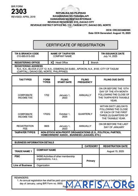 Printable Philippines certificate of registration Word and PDF template